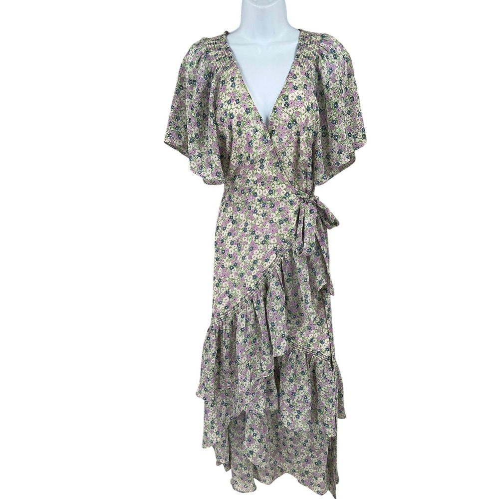 ASTR The Label Wrap Dress Womens L Purple Floral Ruffle High Low Boho Flowy